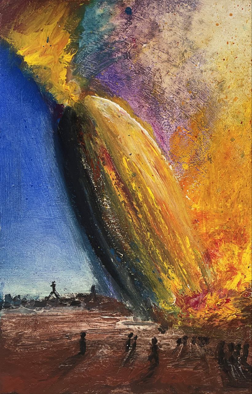 il disastro dell'LZ 129 Hindenburg — Mixed media on canvas, 2023. Eugenio Dallari