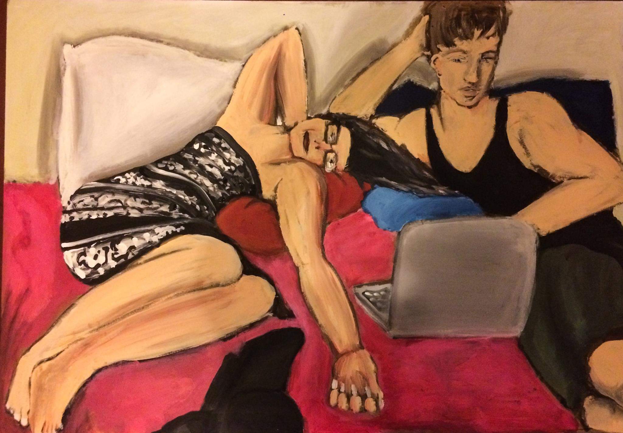 Sdraiati a letto — Acrylic and gouache on wood, 2016. Eugenio Dallari
